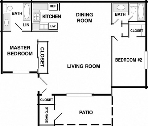 Floor plan for 2 beds, 2 baths, 882 sqft